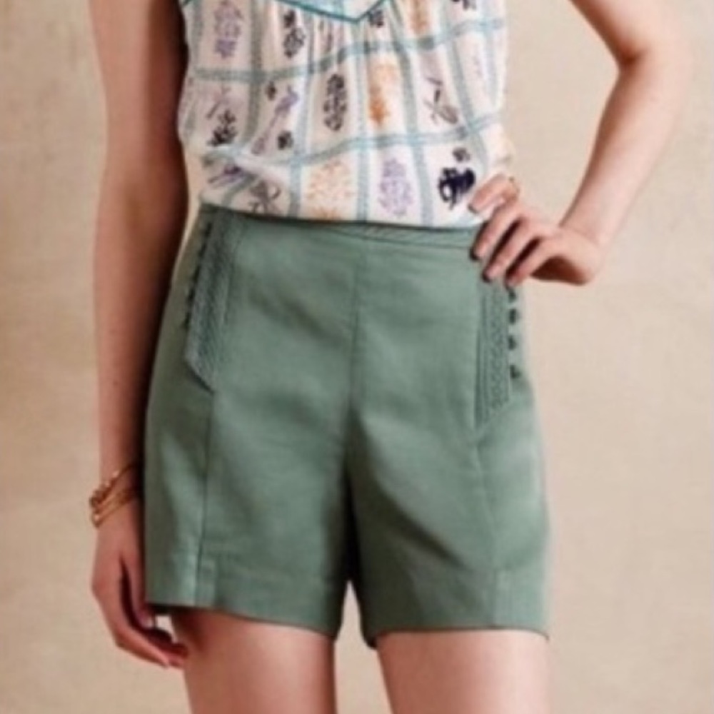 Elevenses Anthropologie Green High Waist Shorts Embroidery Buttons Whimsy Sz 6